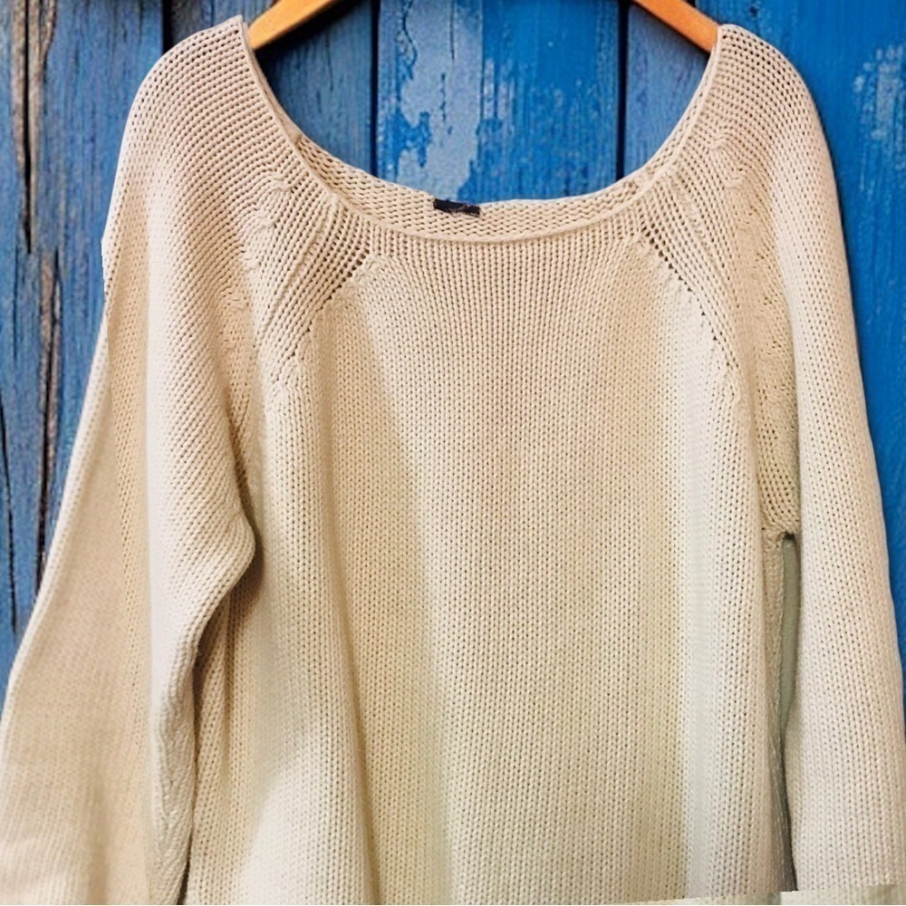 Boatneck Cream Three Quarter Length Sleeves Wide Knit Sweater - Picture 2 of 3
